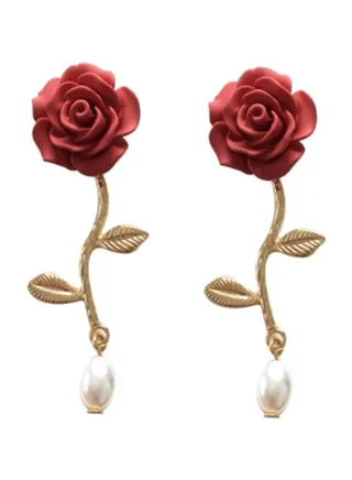 Rose Design Pearl Studded Dangle Earrings 