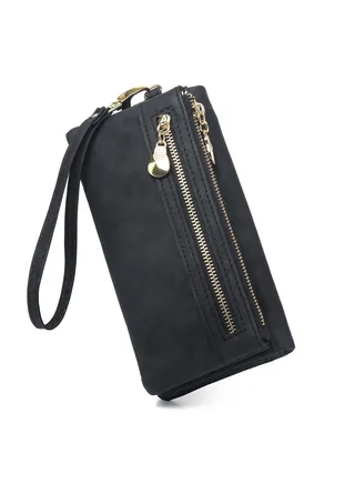 Soft Leather Women's Wallet, Large Capacity Ladies Purse with Multiple Card Slots, Zipper Clutch Bag with Wristlet, Black 