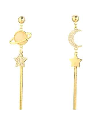S925 Silver Needle Star Moon Asymmetric Dangle Earrings 