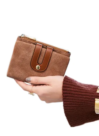 Wallet, Women's Small Leather Wallet Ladies Mini Zipper Coin Purse id card Pocket, Slim Compact Thin (Brown) 