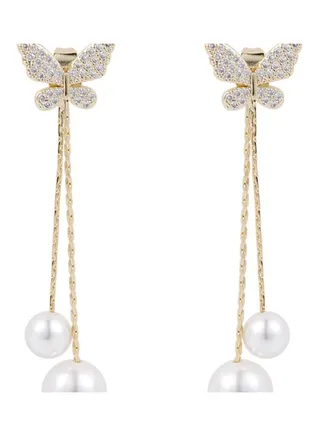 925 Silver Needle Elegant Inlaid Zircon Butterfly Tassel Pearl Earring 
