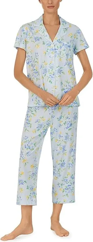 LAUREN Ralph Lauren Knit Short Sleeve Notch Collar Shorty Capris PJ Set (Blue Floral) Women's Pajama Sets