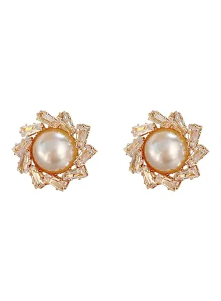 925 Sterling Silver Zircon Inlaid Pearl Sunflower Earrings 
