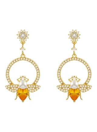 925 Sterling Silver Sweet Bee Circle Rhinestone Earrings 