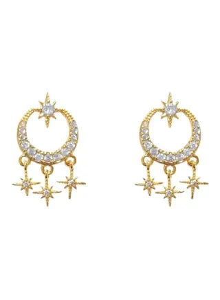 925 Silver Needle Star Moon Earrings 