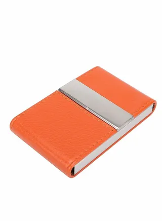 Business Card Holder, Metal Case Pocket, Holder for Women Men, Professional PU Leather Holders Orange 