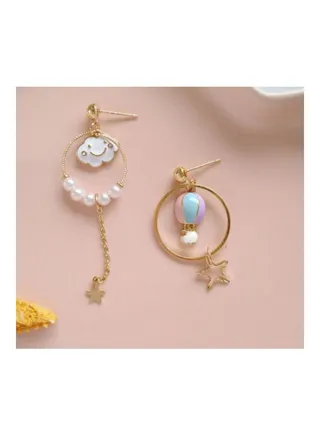 Hot Air Balloon And Little Cloud Design Dangle Earrings 