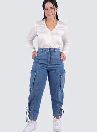 Women's Multi Pockets Cargo Denim Pant in JEANS BLUE 