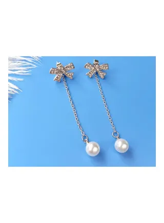 925 Silver Needle Rhinestone Bowknot Pearl Tassel Long Earrings 