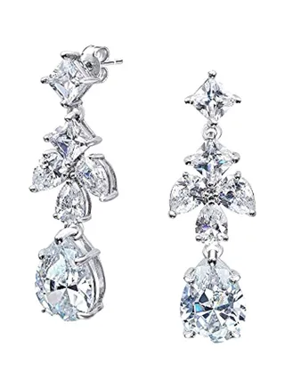 Rhodium Plated Cubic Zirconia Studded Teardrop Earrings 