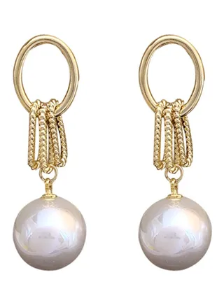 925 Silver Needle Geometric Oval Long Pearl Earrings 