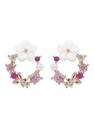 Needle Personality Flower Pearl Petal Inlaid Diamond Earrings 