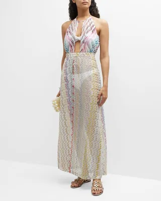 Striped Zig-Zag High-Neck Maxi Dress