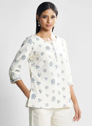 Buttoned Neck Floral Print Kurti 