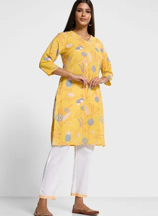 V-Neck Floral Printed Kurti 