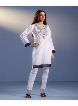 Embroidered Vanilla White Lawn Shirt with Black Net 
