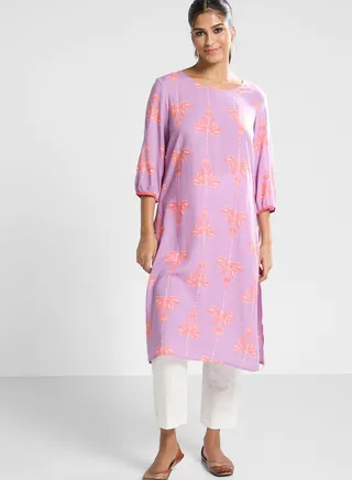 Crew Neck Floral Printed Kurti 