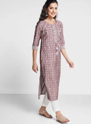Embroidered Floral Print Kurti 
