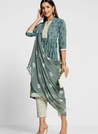 V-Neck Printed Kurti & Pants Set 