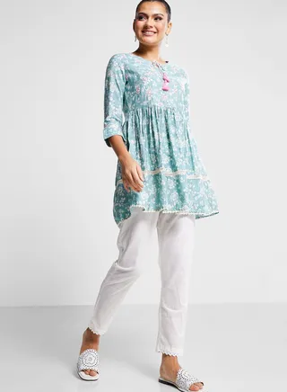 Tie Detail Tiered Floral Print Kurti & Pants Set 