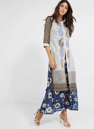 Three-Quarter Sleeve Moon Dust Kurti Shimmery Creamish/Gold 