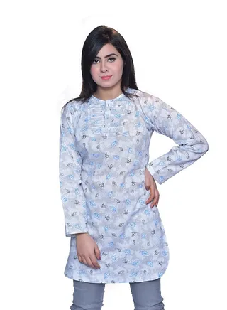Women White with Leaves Printed Ladies Summer Kurti 