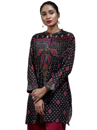 Band Collar Full Sleeves Printed Kurti Black 