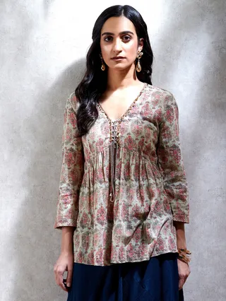 V-Neck 3/4 Sleeves Floral Printed Kurti Multicolour 