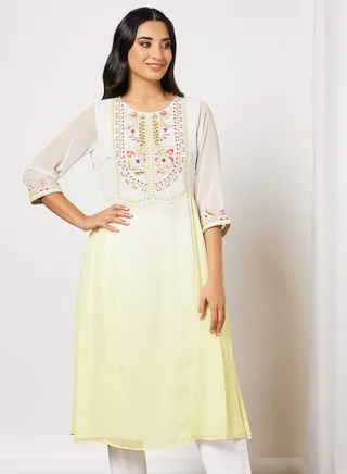 Floral Embroidered Kurta Pale Yellow 