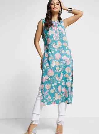 Embroidered Floral Print Kurti 