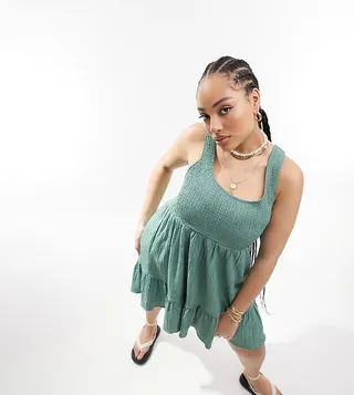 ASOS DESIGN Curve scoop neck shirred mini sundress in sage
