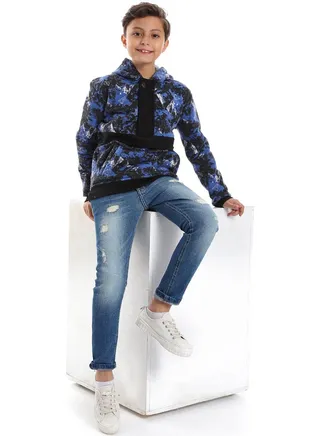 Self Pattern Long Sleeves Worm Boys Hoodie _ Royal Blue, White & Black 