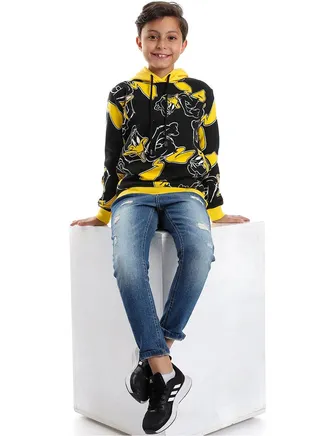 Black Printed Hoodie With Drawstrings _Black 