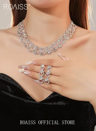 2 Piece Jewelry Set of Necklace and Earrings Shiny Round Diamond Chic Rhinestone Decor Jewellery Set for Women Ladies Gift for Girlfriend Wife Mother Bridesmaids Wedding Party Accessories 