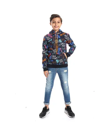 Navy Blue Fleeced Boys Printed Hoodie_Blue 