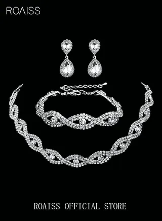 4Pcs Crystal Rhinestone Jewelry Set Stylish Elegant Water Drop Necklace Zircon Earrings Bracelet Minimalist Gift for Women Ladies Mother Wife Wedding Party Silver 