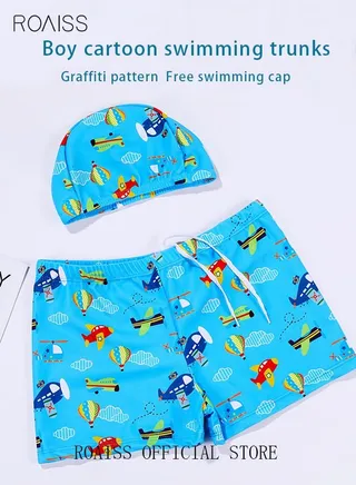 Toddler Boys Swimming Trunks with Cap Kids Airplane Print Swimsuit Swimwear Children Short Pants Clothing Beachwear Quick Dry Bathing Suit for Summer Multicolor 