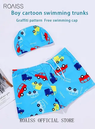 Toddler Boys Swimming Trunks with Cap Kids Car Print Swimsuit Swimwear Children Short Pants Clothing Beachwear Quick Dry Bathing Suit for Summer Blue 