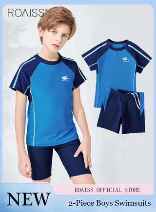 2-Piece Patchwork Contrasting Swimsuit Boys Beach Pool Short-Sleeved T-Shirt And Drawstring Shorts Set Swimsuit 
