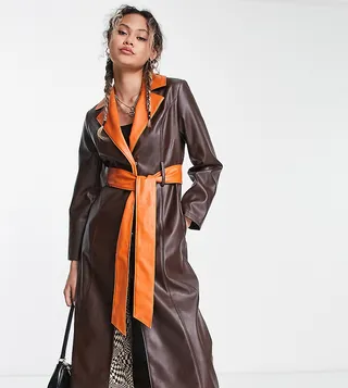 COLLUSION faux leather trench coat in chocolate brown with contrasting orange details