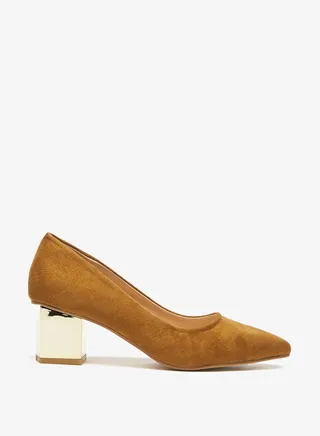 Womens Solid Slip On Pumps with Block Heels Brown 