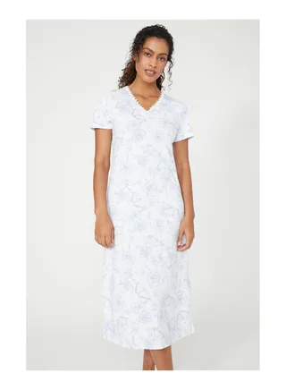 Butterfly Printed Short Sleeve Night Dress With Lace 