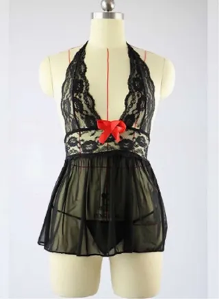 Homewear Women's  Hanging Neck Sleepwear Summer Nightwear Lace Dress Black 
