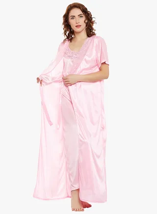 Clovia Night Dress and Robe Set In Baby Pink - Satin 