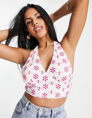 ASOS DESIGN Hourglass halter neck contrast broderie top in white