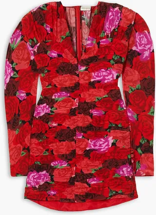 Ruched floral-print silk mini dress