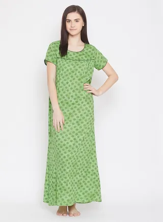 Clovia Print Me Pretty Long Nighty In Green - Rayon Green 