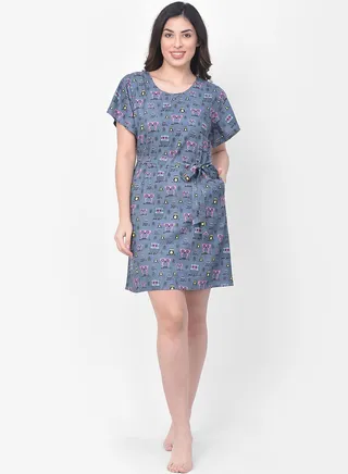 Clovia Owl Print Short Night Dress In Grey - Cotton Rich Grey 