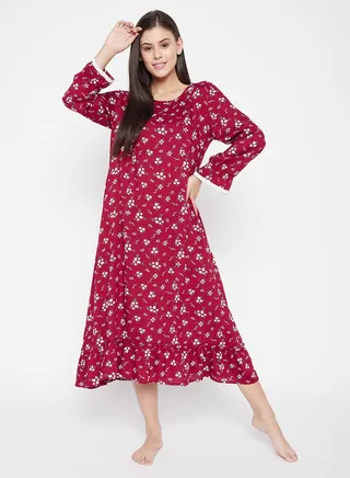 Clovia Pretty Florals Mid Length Nighty In Maroon - Cotton Rich 