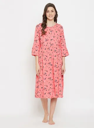 Clovia Feeding Pretty Florals Mid Length Maternity Nightdress In Pink - Cotton Rich Pink 